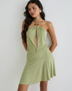 Saira Halter Neck Mini Dress in Sage