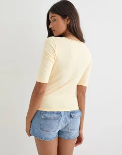Sajiwa V Neck Top in Buttermilk with Lace Trim