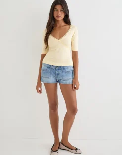 Sajiwa V Neck Top in Buttermilk with Lace Trim