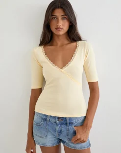 Sajiwa V Neck Top in Buttermilk with Lace Trim