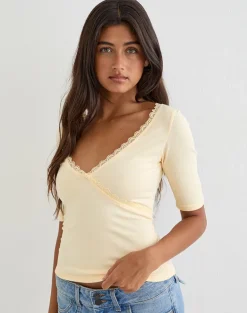 Sajiwa V Neck Top in Buttermilk with Lace Trim