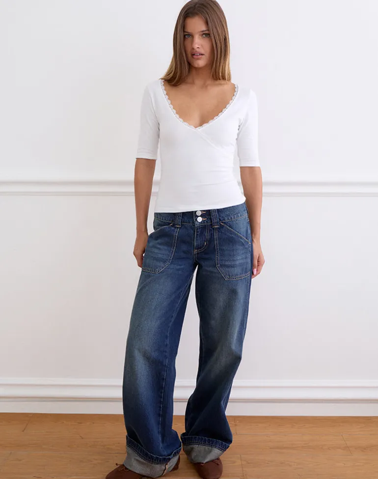 Sajiwa V Neck Top in White with Lace Trim