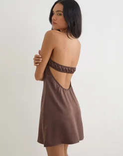 Sakya Bandeau Mini Dress in Satin Brown