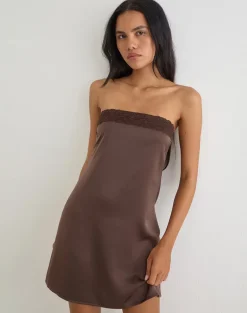 Sakya Bandeau Mini Dress in Satin Brown