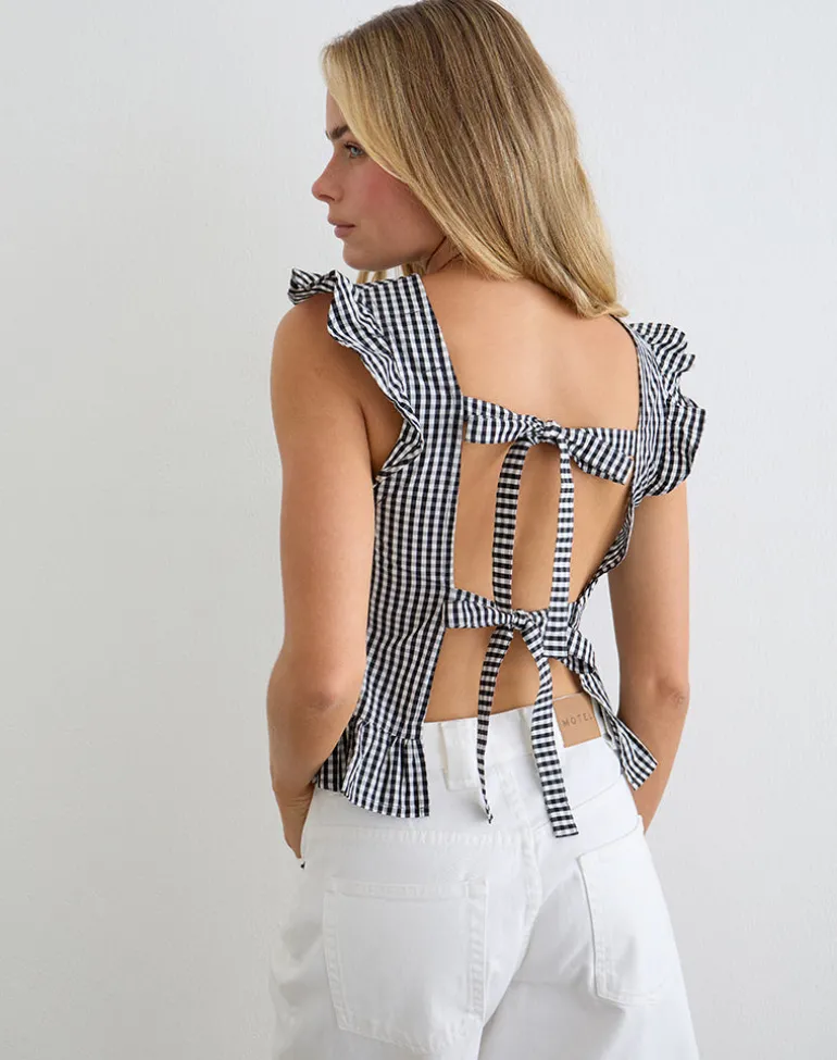 Salome Peplum Top in Mini Gingham Grey
