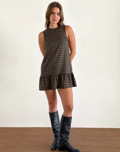 Samana Babydoll Mini Dress in Check Dark Brown