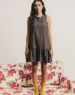 Samana Babydoll Mini Dress in Check Dark Brown