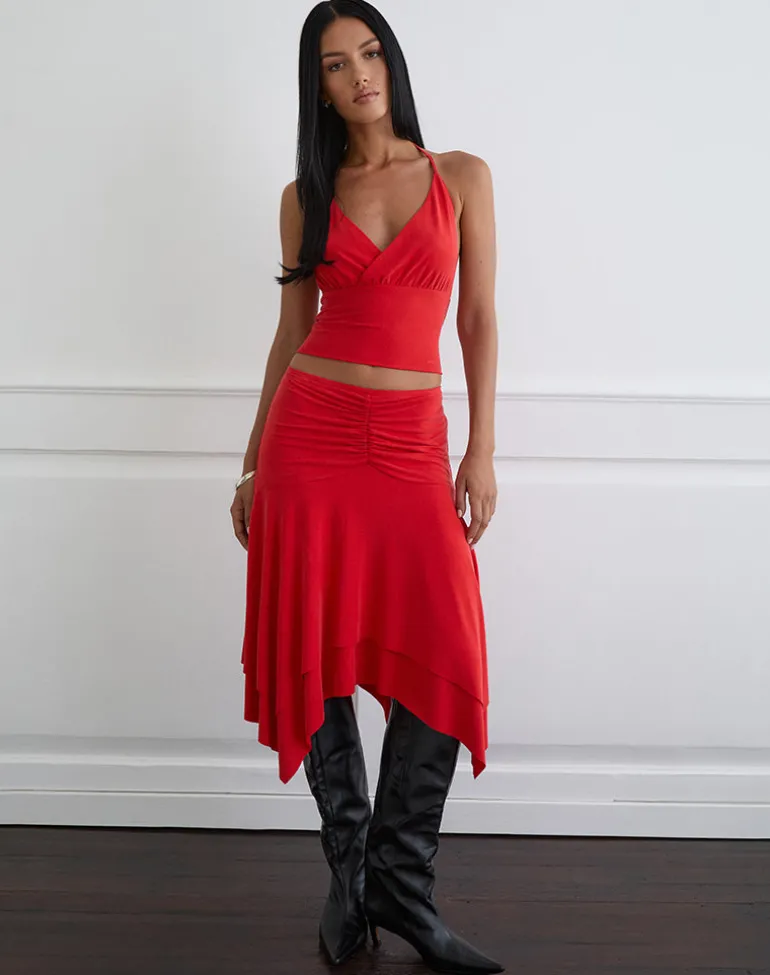 Samaria Gathered Midi Skirt in Cupro Red