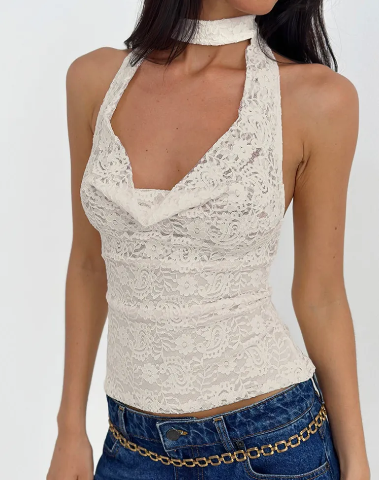 Samwell Halterneck Top in Paisley Lace Ivory