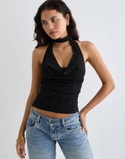 Samwell Halterneck Top in Paisley Lace Black