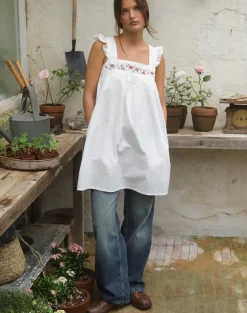 Sanaly Mini Dress in Poplin White with Cherry Blossom Embroidery
