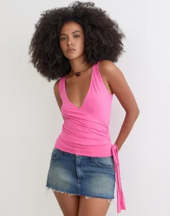Saneya Plunge Top in Rayon Jersey Deep Pink