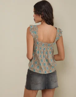 Sanula Top in Blue and Brown Floral Bohemian Batik