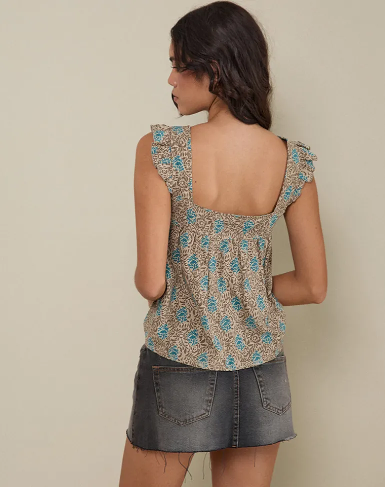 Sanula Top in Blue and Brown Floral Bohemian Batik