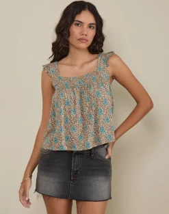 Sanula Top in Blue and Brown Floral Bohemian Batik