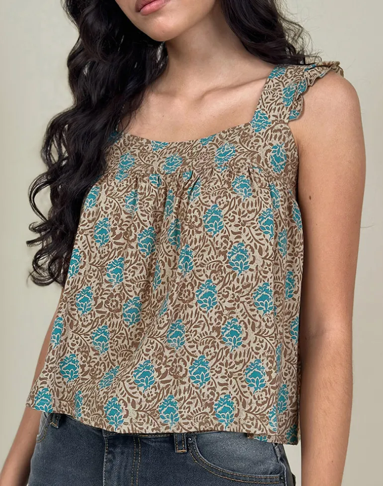 Sanula Top in Blue and Brown Floral Bohemian Batik