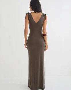 Sanyu Plunge Maxi Dress in Cupro Dark Brown