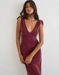 Sanyu Plunge Maxi Dress in Cupro Burgundy