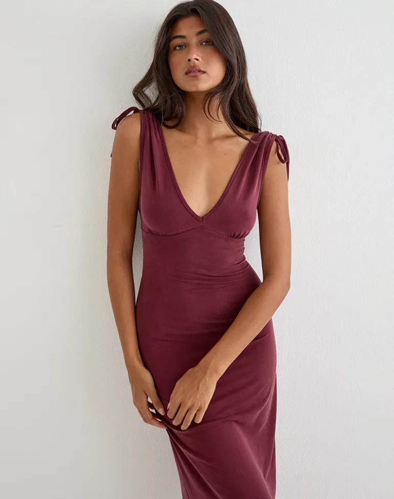 Sanyu Plunge Maxi Dress in Cupro Burgundy