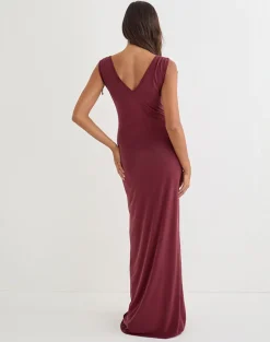 Sanyu Plunge Maxi Dress in Cupro Burgundy