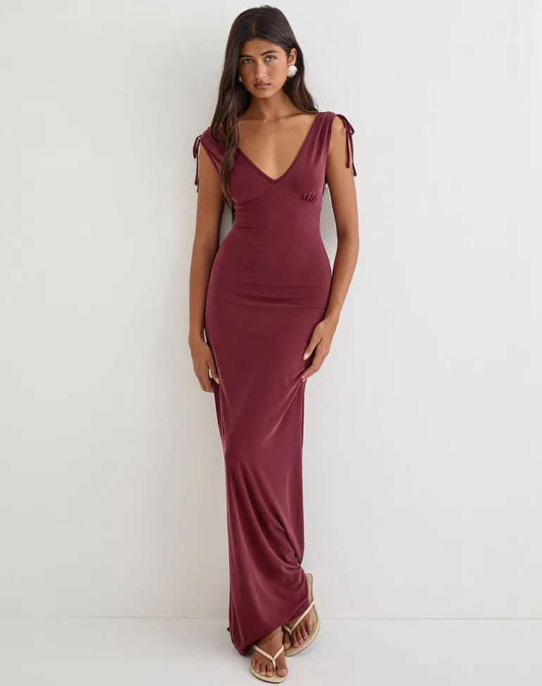 Sanyu Plunge Maxi Dress in Cupro Burgundy