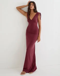 Sanyu Plunge Maxi Dress in Cupro Burgundy