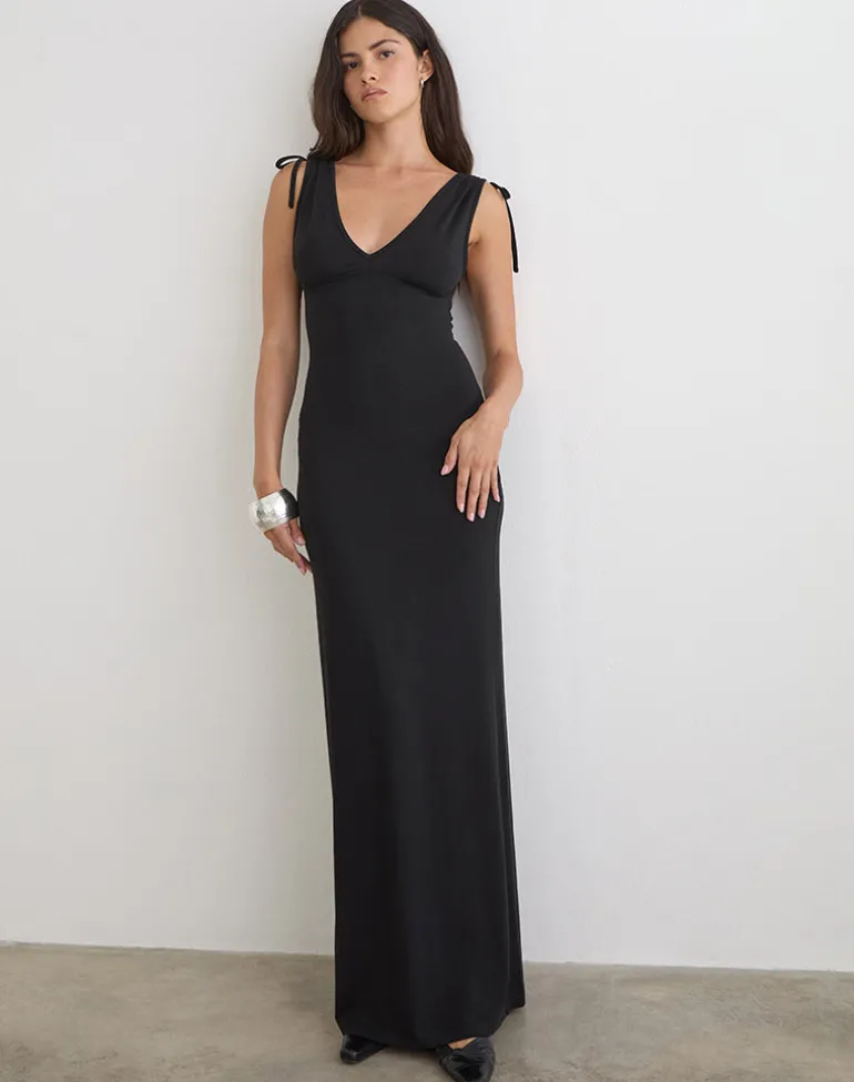 Sanyu Plunge Maxi Dress in Cupro Black