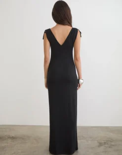Sanyu Plunge Maxi Dress in Cupro Black