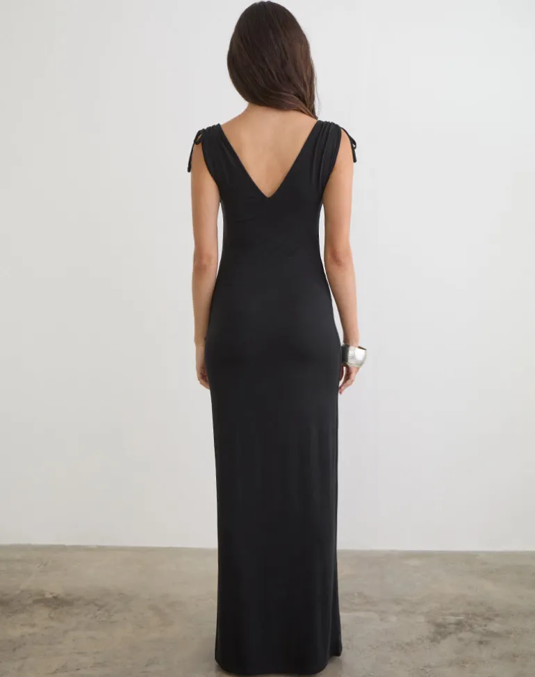 Sanyu Plunge Maxi Dress in Cupro Black