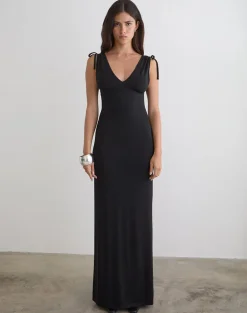 Sanyu Plunge Maxi Dress in Cupro Black