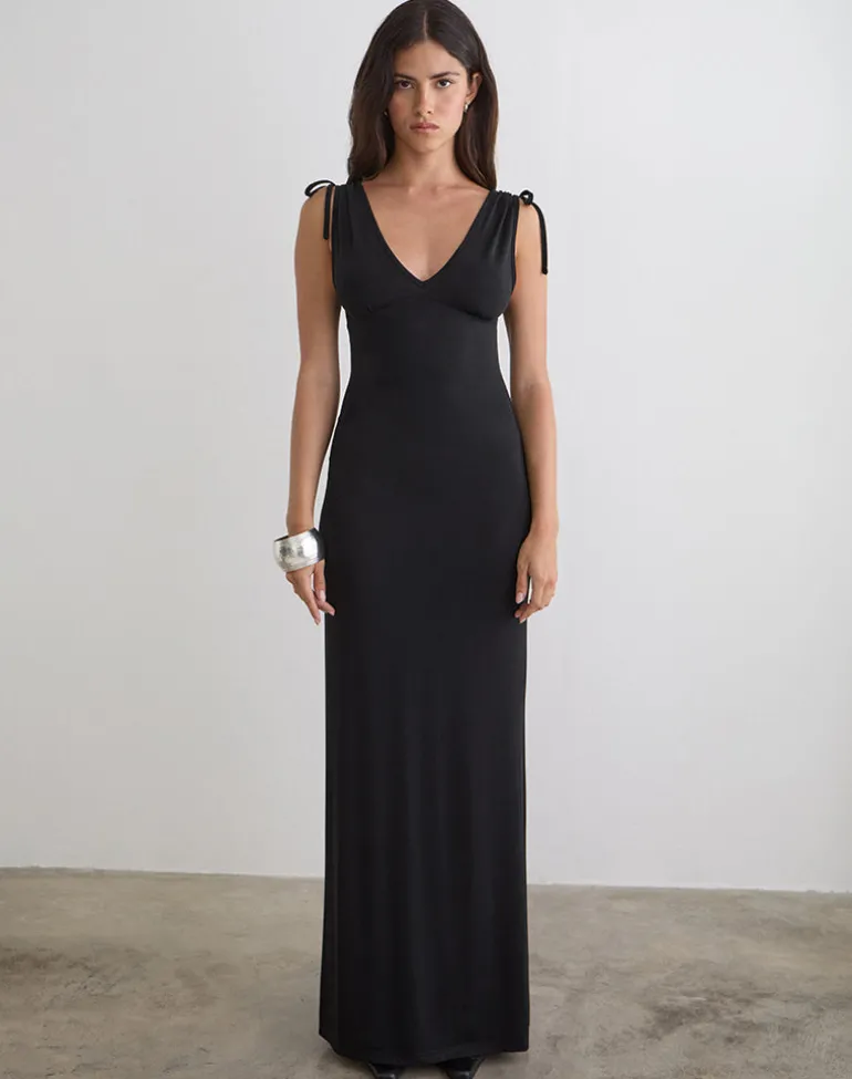 Sanyu Plunge Maxi Dress in Cupro Black