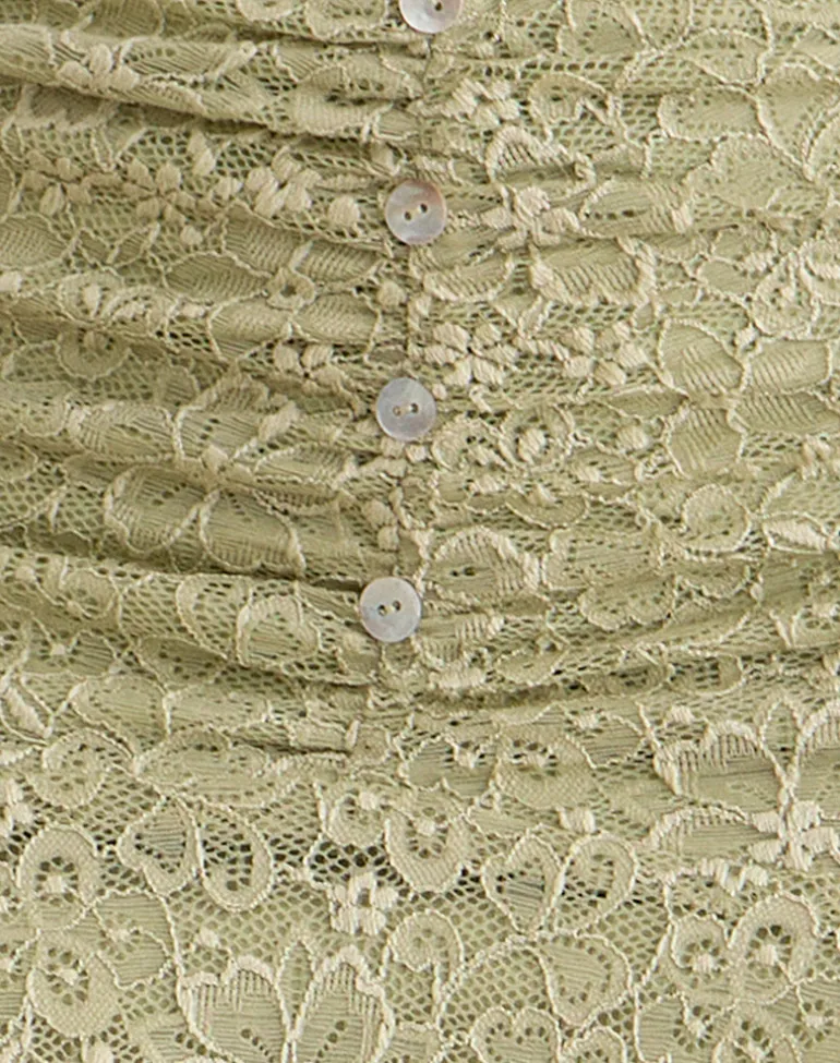 Sarahi Midi Skirt in Stretch Lace Sage with Pearl Button