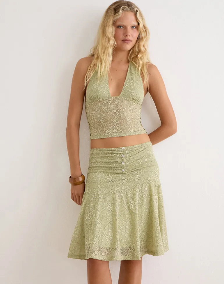 Sarahi Midi Skirt in Stretch Lace Sage with Pearl Button