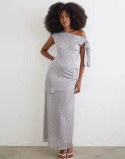 Sardian Maxi Dress in Chiffon Monochrome Silver Grey Polka
