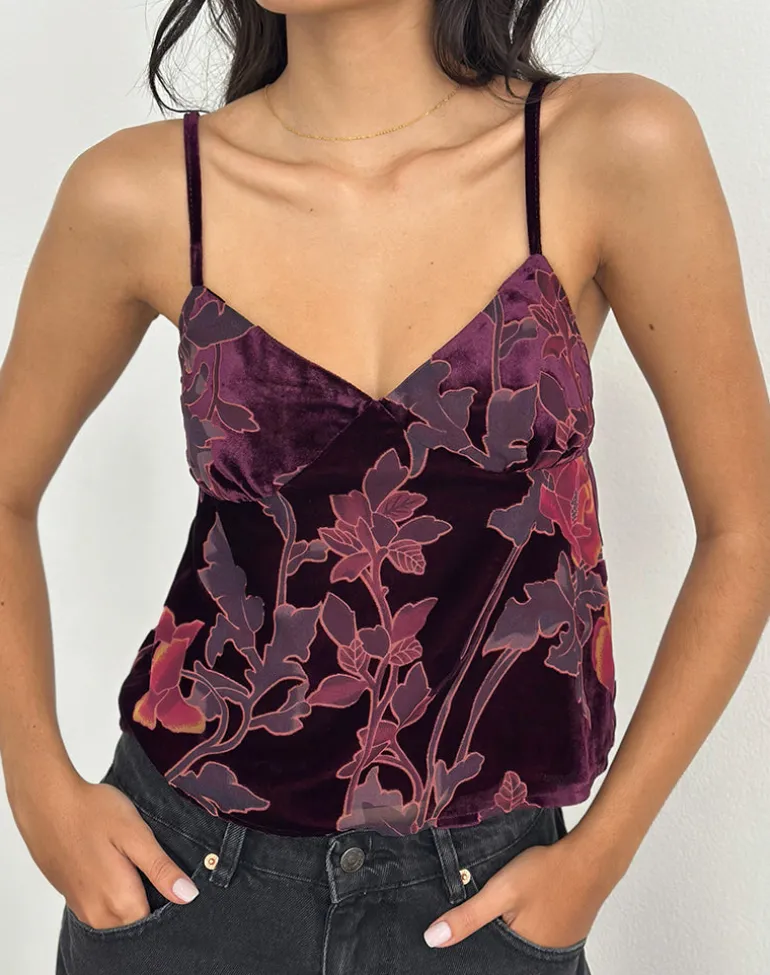 Sarinda Cami Top in Floral Devore Burgundy