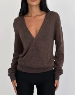 Saroya Plunge Wrap Top in Knit Dark Chocolate