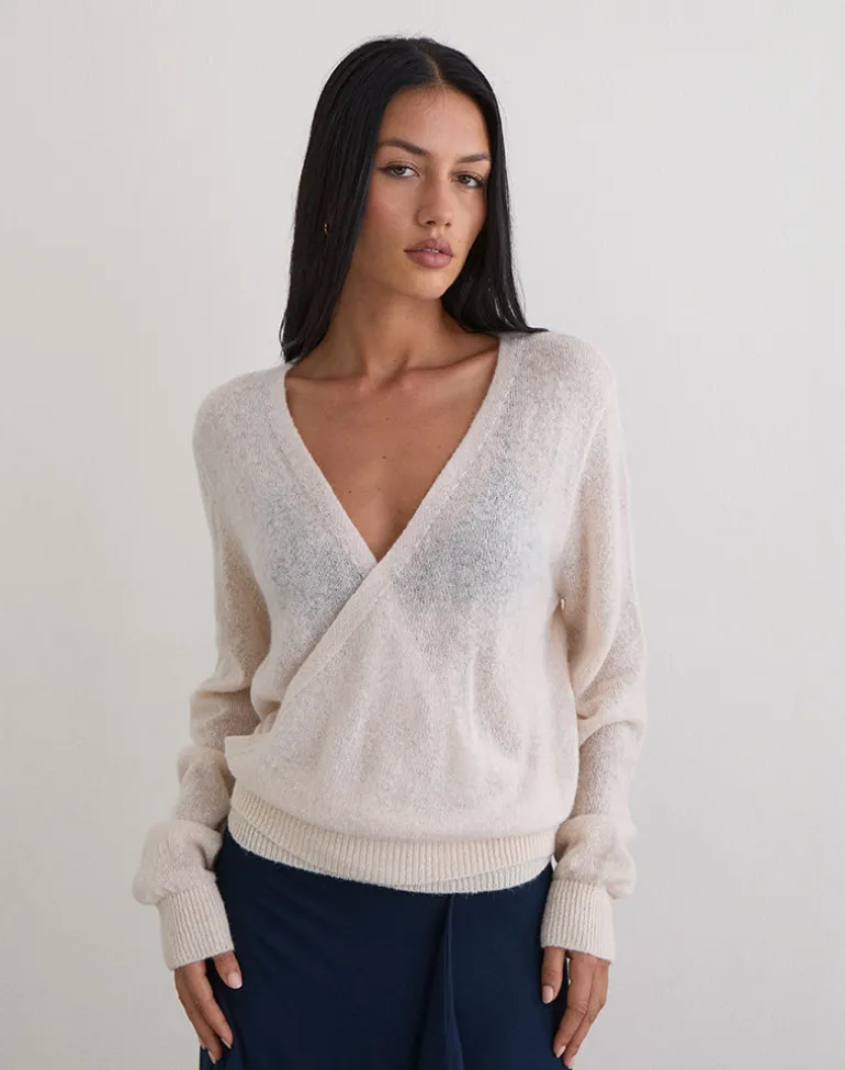 Saroya Plunge Wrap Top in Knit Ecru