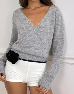 Saroya Plunge Wrap Top in Knit Grey