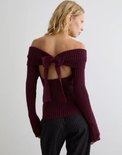 Saskia Bardot Bow Back Top in Dark Cherry