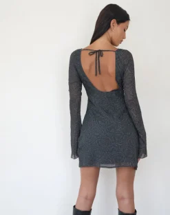 Sava Open Back Long Sleeve Mini Dress in Black Floral Chiffon