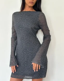 Sava Open Back Long Sleeve Mini Dress in Black Floral Chiffon