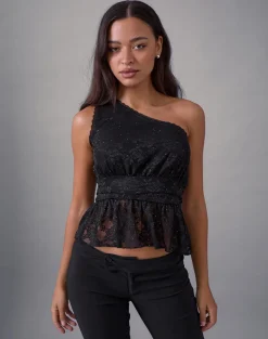 Sayong One Shoulder Top in Floral Lace Black