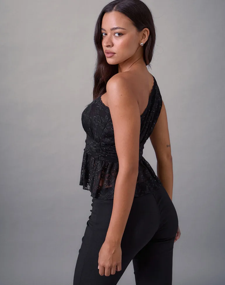 Sayong One Shoulder Top in Floral Lace Black