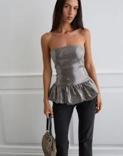 Seada Peplum Top in Sequin Check Brown