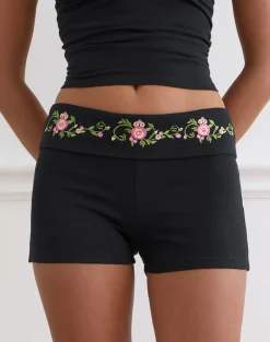 Sea Foldover Short in Black with Swirly Floral Embroidery