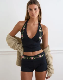 Sea Foldover Short in Black with Swirly Floral Embroidery
