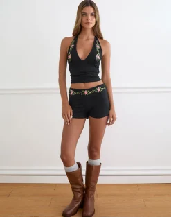 Sea Foldover Short in Black with Swirly Floral Embroidery