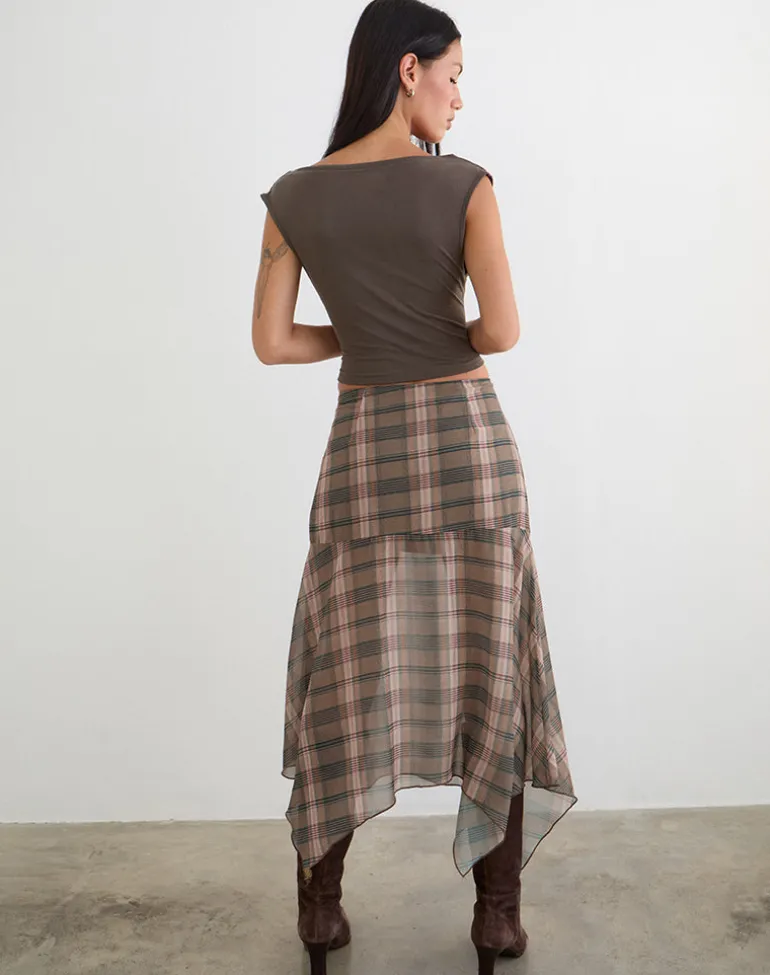 Sedra Midi Skirt in Brown and Pink Blurry Check
