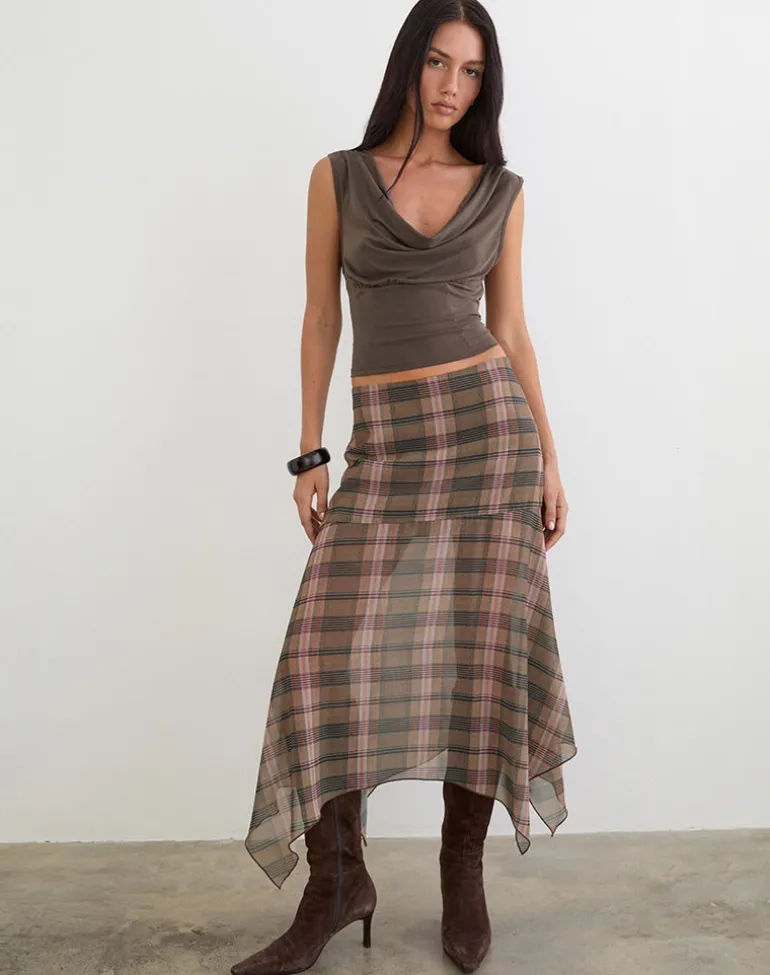 Sedra Midi Skirt in Brown and Pink Blurry Check