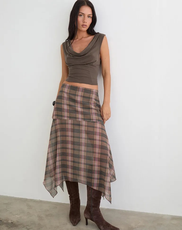 Sedra Midi Skirt in Brown and Pink Blurry Check